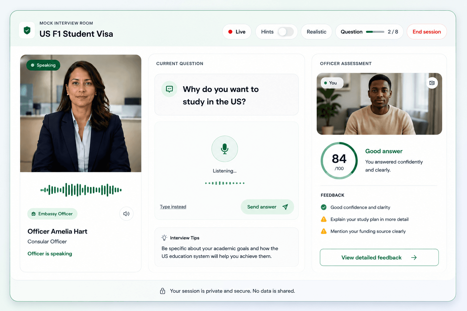 VisaInterview AI mock interview room with officer video, current question, answer controls, and officer assessment