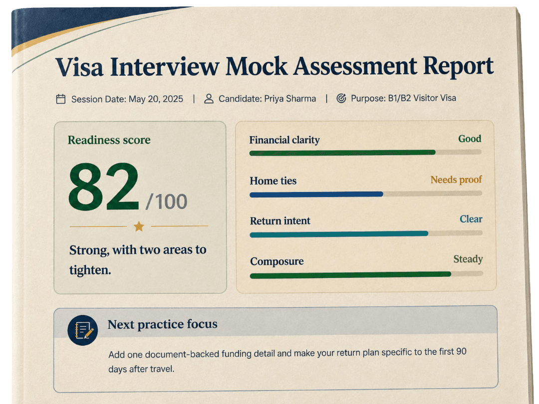 Visa Interview Mock Assessment Report preview with readiness score and improvement areas