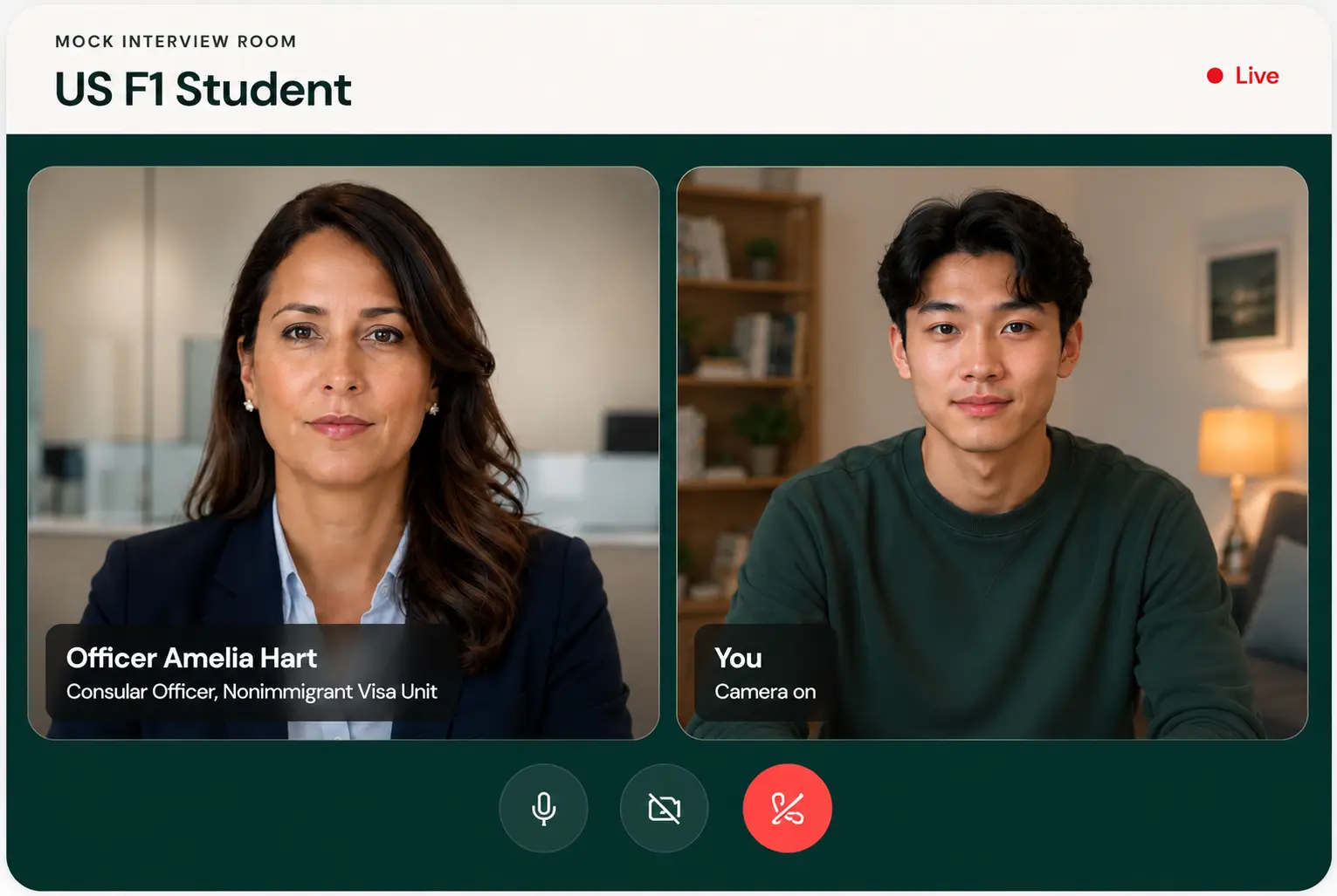 Live US F1 mock interview with a consular officer, applicant, current question, interview tip, and AI feedback