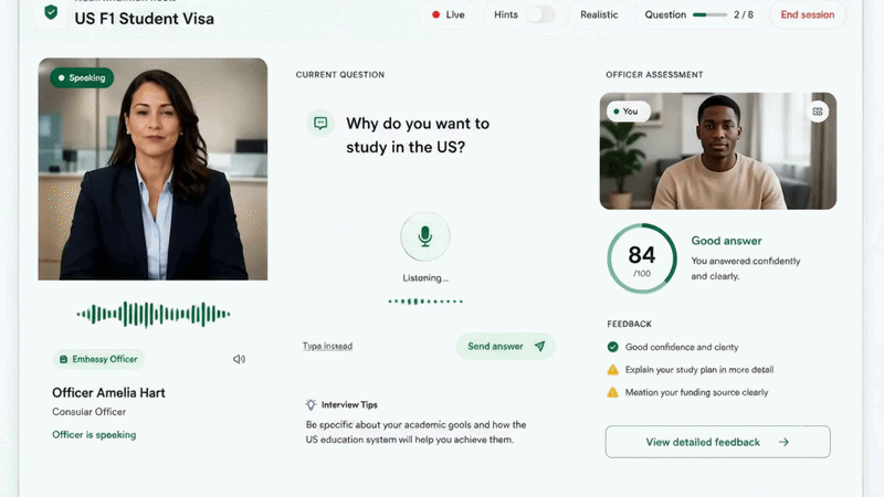 VisaInterview mock interview room with officer video, current question, answer controls, and officer assessment